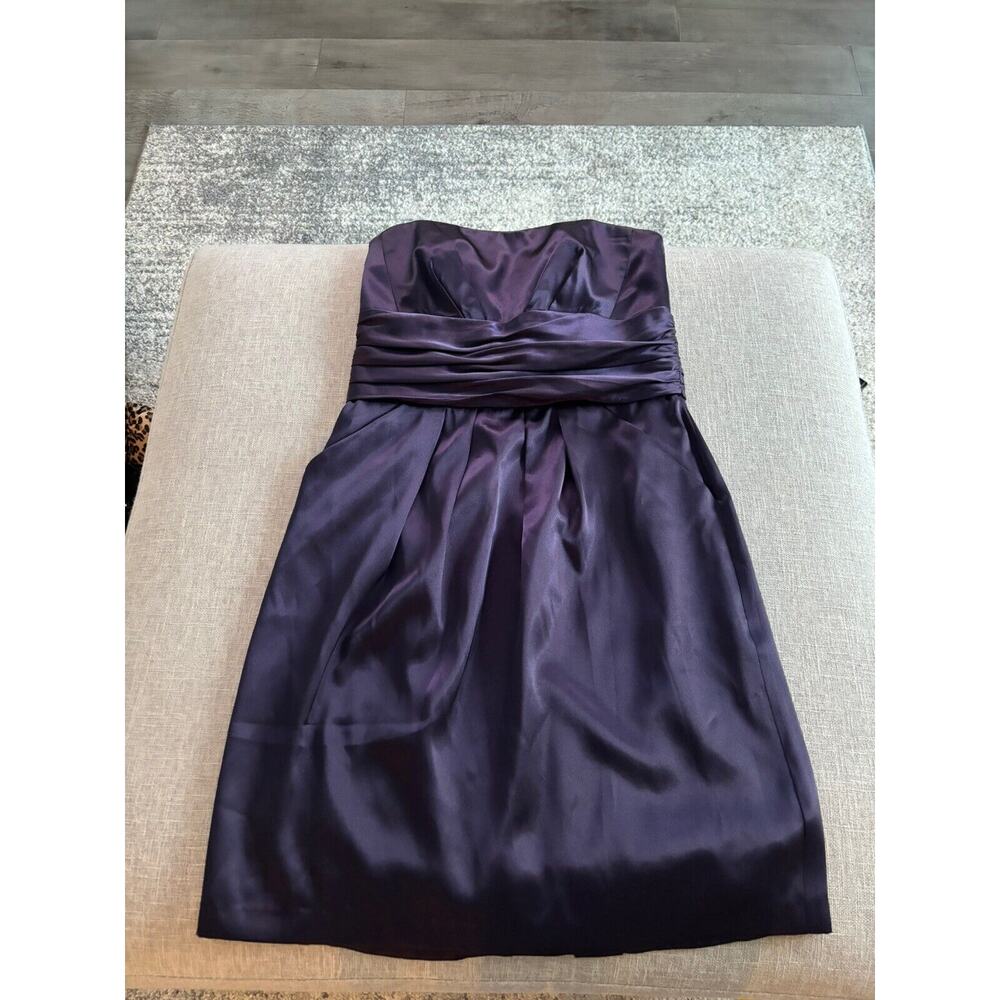 DAVID'S BRIDAL #83707 Purple Satin Strapless Dress Formal Short Pockets Sz 8 Wit